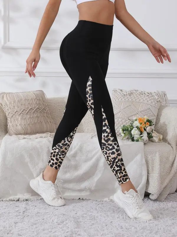 Women's Colorblock & Leopard Patchwork Pocket Sports Leggings, Casual Comfy Breathable High Stretch Yoga Leggings, Ladies Sportswear for Indoor Outdoor Wear, Gym Clothes 4