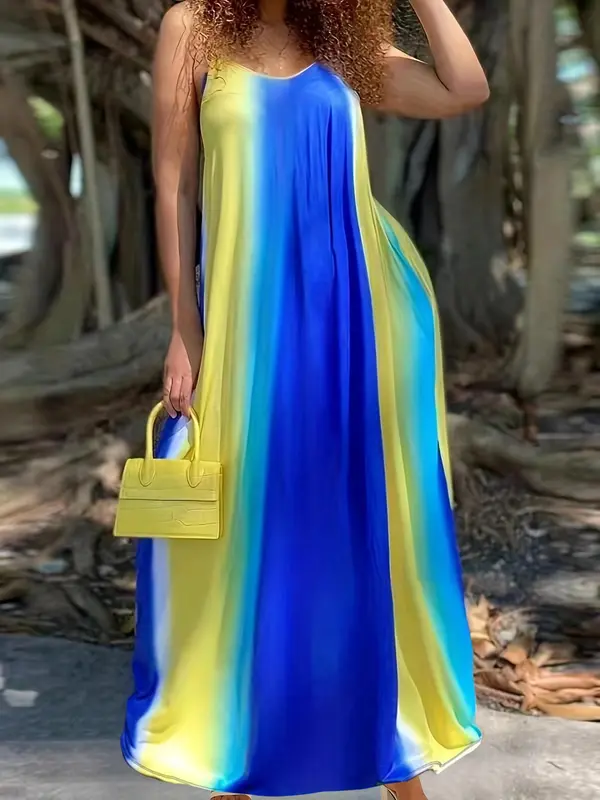 Plus Size Colorblock Backless Cami Dress, Casual Sleeveless Spaghetti Strap Long Dress for Summer, Women's Clothes for Beach Holiday 0