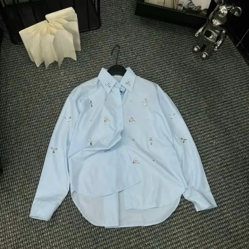 Áo sơ mi thô đính đá khâu tay tỉ mỉ 2 màu Có Cổ Nữ Women - Thương hiệu uy tín Shirt Top 5