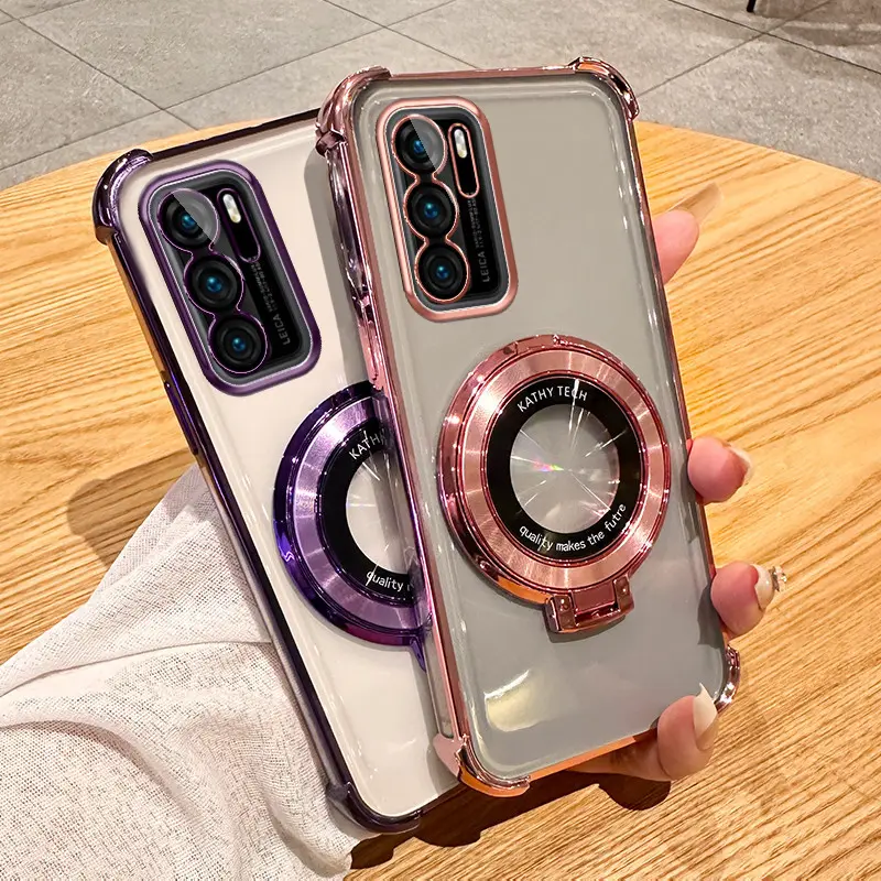 Luxury Magnetic Bracket Casing For Huawei P30 P40 P50 P60 PRO P50E PURA 70 PRO PLUS PURA 70 ULTRA MATE 30 40 50 60 PRO 50E Plating Transparent Shockproof Anti Drop  Cellphone Case  Cover Stand