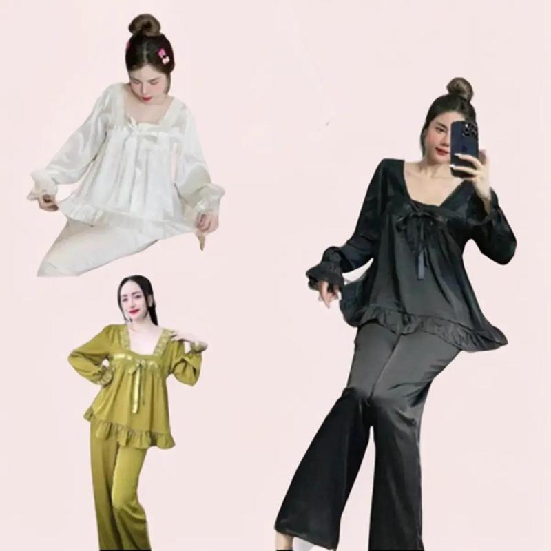 Set pijama Đồ Bộ ngủ, Mặc Nhà, Lụa Trơn, Cổ Vuông Phối Ren Tay Dài và Tay Ngắn Quần Dài Cho Nữ  Có 3size Voan Áo Xanh Lá Thun Voi (SEO) setdomac  nhaxinh Nho đồ  ngủ tiểu thư