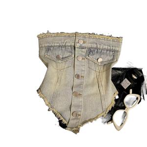 เสื้อท่อนบนทรงสลิม, ดีไซน์เก๋ไก๋และเซ็กซี่, วัสดุเดลลี่, สไตล์ฝรั่งเศส, เสื้อผ้าสตรี, คอลเลกชันฤดูร้อนปี 2024 มาใหม่, สไตล์สาวฮอต Women Clothing Lady เสื้อ  ครอป ยีน ผู้ หญิง