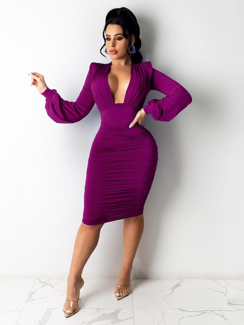 Product Introduction of Women's Plain Ruched Deep V Neck Bodycon Dress, Casual Bishop Sleeve Zipper Back Midi Dress for Fall, Women's Clothing for Daily Wear 9