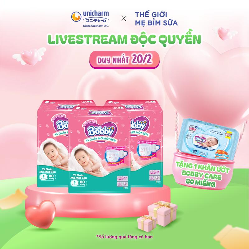   Thế giới mẹ bỉm sữa x DianaUnicharm  Combo 3 Tã bỉm quần Mở Một Bên Bobby - Tiện Lợi Dễ Mặc - Size NB 70+6 S 80 M 62 Miếng 