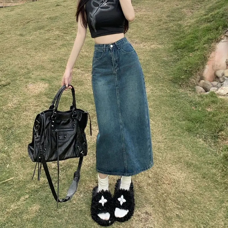 Chân Váy Denim Xẻ Tà Cho Nữ, Cạp Cao, Che Mỏng, Kiểu Sợi Dẹt, Cỡ Nhỏ Dễ Phối Đồ Chân Váy Chữ A, Màu Xanh Cổ Điển, Phong Cách 2024 Khuy Women