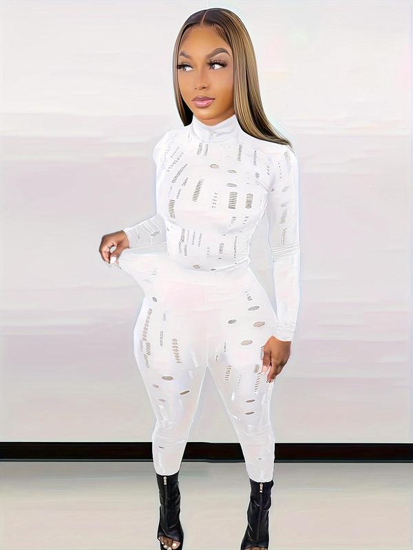 Women's Plain Ripped Long Sleeve High Neck Tee & Skinny Pants Set, Casual Sexy Tight Sleeve Tops & Leggings for Daily Outdoor, Ladies Fall & Winter Clothes Valentine's Day, gift 4