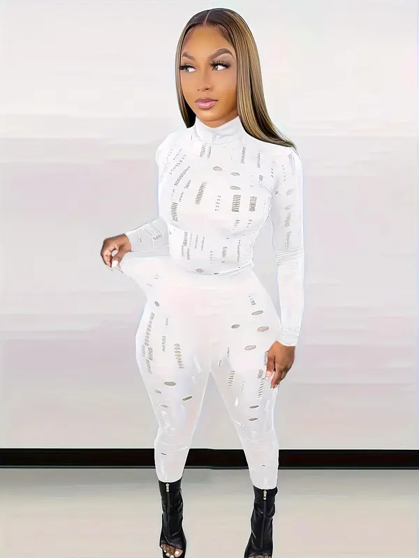 Women's Plain Ripped Long Sleeve High Neck Tee & Skinny Pants Set, Casual Sexy Tight Sleeve Tops & Leggings for Daily Outdoor, Ladies Fall & Winter Clothes Valentine's Day, gift 4