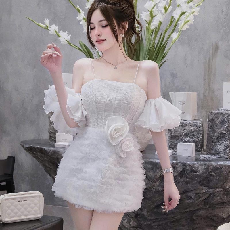 Váy thiết kế tafta trễ vai kim sa bèo phối sóng lưới ngắn trên gối NQ1789