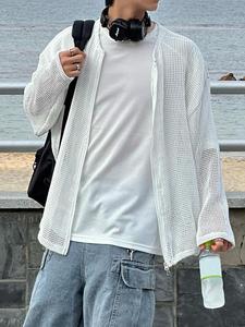 Men's Solid Color Hollow Out Zip Up Cardigan, Casual Comfy Breathable Long Sleeve Knitwear for Summer, Fashion Men's Knit Clothing for Daily Wear