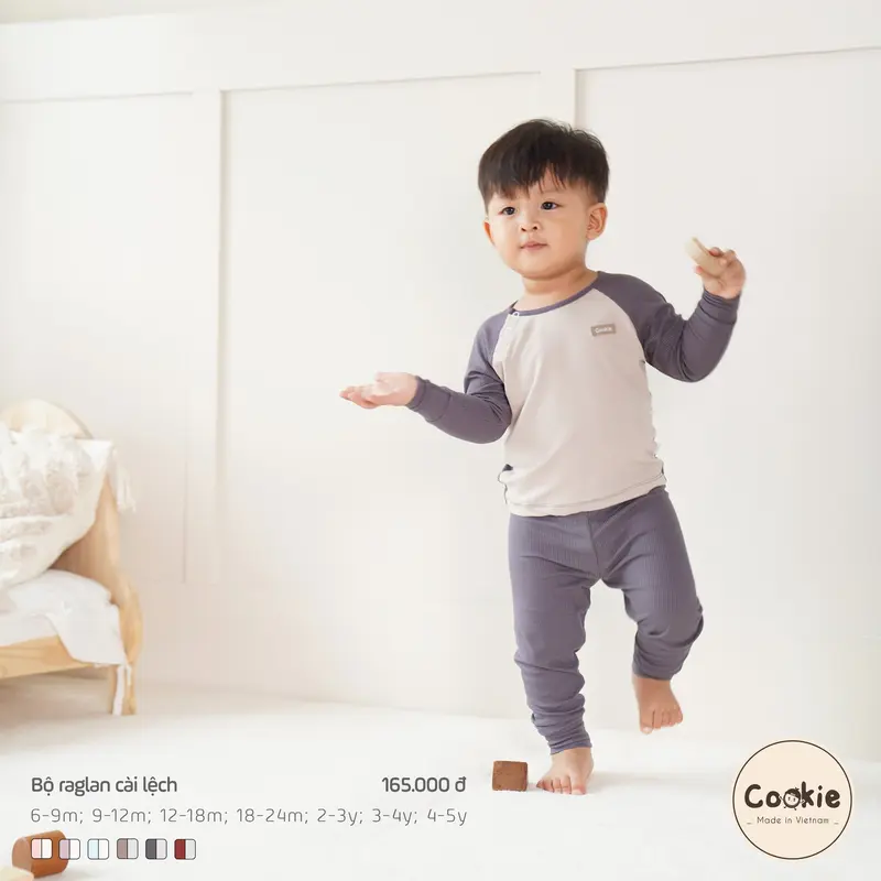 Bộ Quần Áo Dài Tay Cookie Raglan Cài Lệch Cho Bé Size 6-9M Đến 4-5Y, Chất Liệu Cotton Tăm Lạnh 1