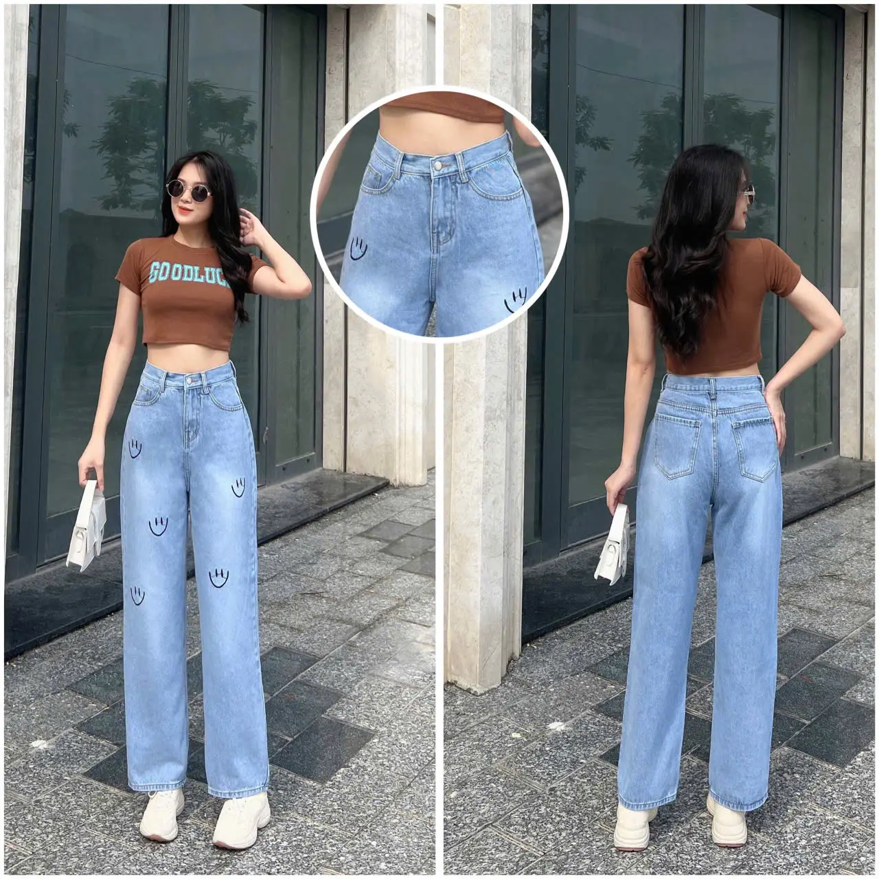 Quần Baggy Lưng Cao Ống Suông  Họa Tiết Thêu Hình Giúp Tôn Giáng Siêu Xinh MS385 Nữ Women jean bò quansuong namlun suong theu
