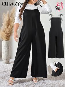 CURVZY Plus Size Solid Pocket Tie Shoulder Wide Leg Jumpsuit, Elegant Sleeveless Cami Jumpsuit for Spring & Fall, Women's Clothes for Daily Wear