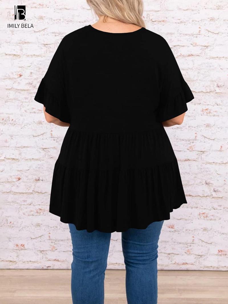 Product Introduction of 【Plus Size】 Solid V Neck Tee, Casual Short Sleeve T-shirt for Summer, Women's Clothing for Daily Wear 9