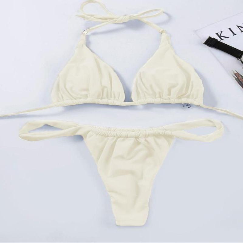 Two-Piece Set Women's Solid Tie Back Halter Bikini Triangle Top & Thong Swimwear Set, Casual Chic Swimwear Set, Ladies Summer Beach Holiday Vacation Swimsuit, 2 Piece Sets Women 1