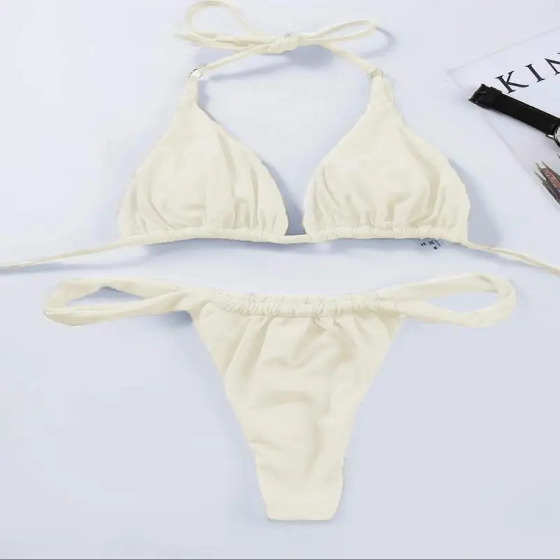 Two-Piece Set Women's Solid Tie Back Halter Bikini Triangle Top & Thong Swimwear Set, Casual Chic Swimwear Set, Ladies Summer Beach Holiday Vacation Swimsuit, 2 Piece Sets Women 1