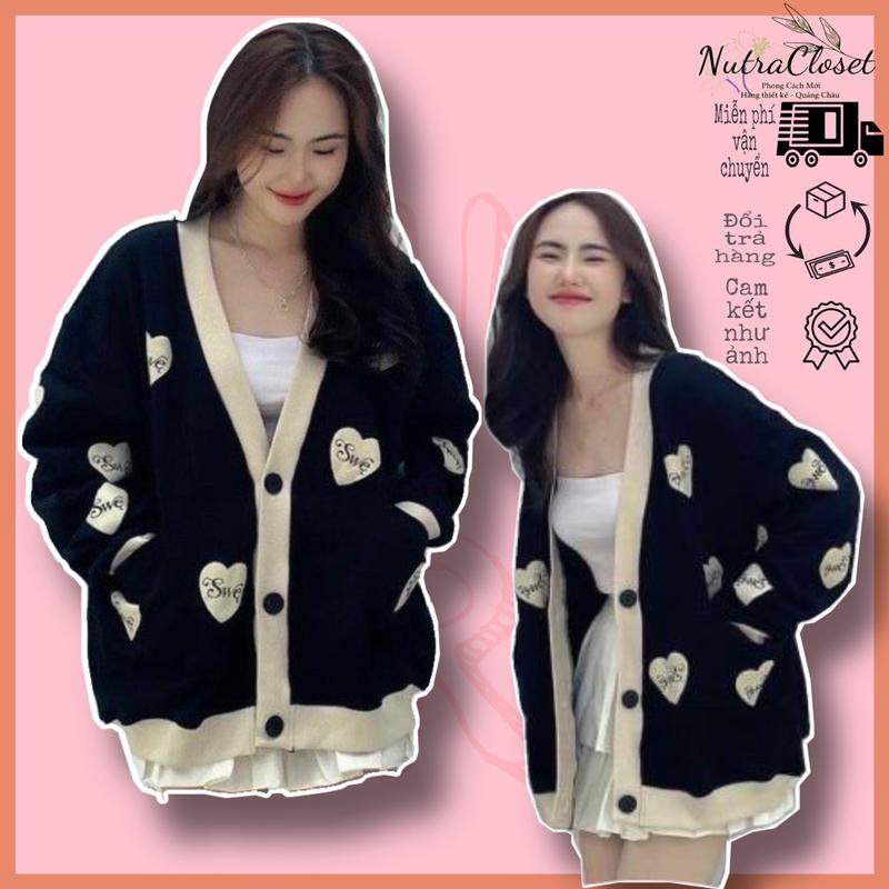 Áo khoác cardigan cài nút in tim nỉ unisex ulzzang nam nữ