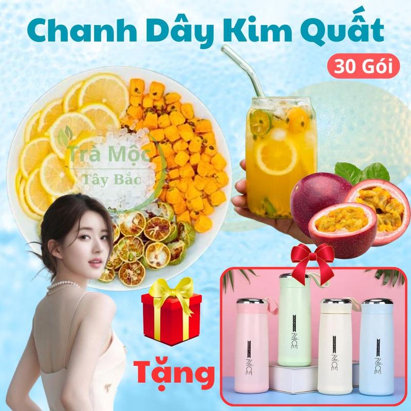 Hộp 30 gói Tặng Bình Cách Nhiệt Trà chanh dây kim quất - hỗ trợ đẹp da detox thanh nhiệt bổ sung vitamin C Thảo mộc tự nhiên Tây Bắc Sấy Thăng Hoa Chanh Dây Cam Vàng Quất Xanh nước chè trà tea