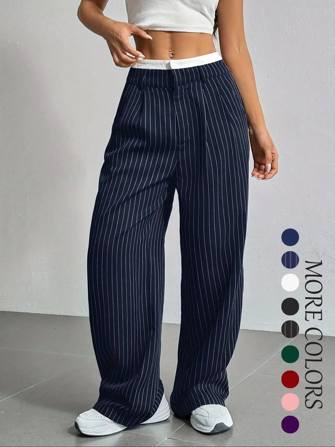 Women's All Over Striped Print Pocket Wide Leg Pants, Casual Comfy Trousers for Spring & Fall, Women's Bottoms for Daily Wear
