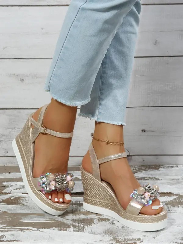 Women's Fashionable Flower Decorated Platform Sandals, Casual Comfortable Wedge Sandals for Summer, Female All-match Round Toe Sandals for Daily Wear, Girl 8