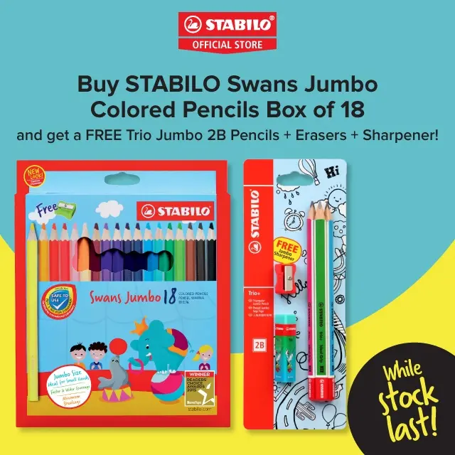 STABILO Swans Jumbo Colored Pencils Box of 18 / 12 + Trio Jumbo 2B Pencils x 3 + Erasers + Sharpener Set - Promo