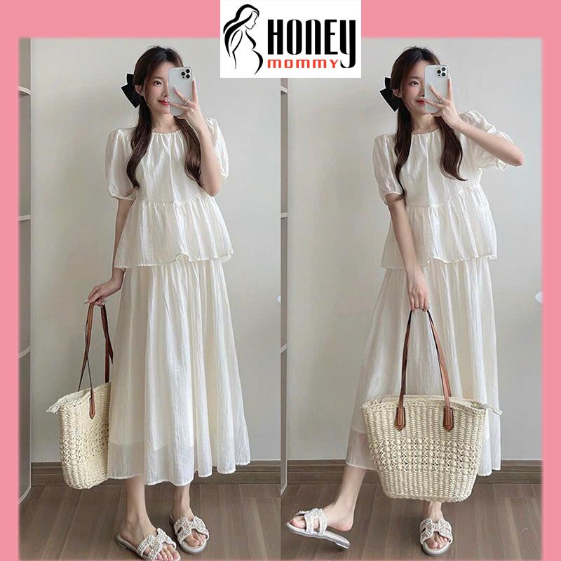 Set Đầm Bầu Váy Bầu Màu Kem Kèm Áo Bầu Tay Cộc Đi Làm Đi Chơi Đi Du Lịch Mùa Hè Lịch Sự Nhã Nhặn HT3028 Honey Mommy