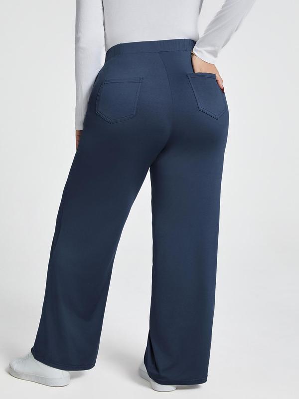 CURVZY Plus Size Solid Pocket Wide Leg Pants, Casual Comfy Trousers for Daily Wear, Women's Bottoms for All Seasons 1