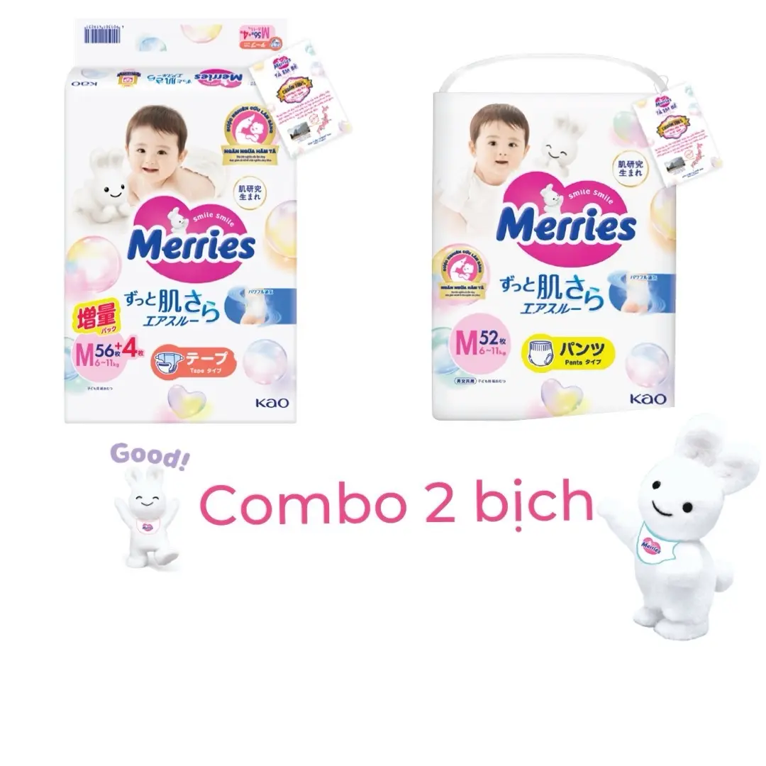 Combo 2 bịch tã dán/ quần Merries  đủ size NB76/S66/M60/M58/L50/XL44/XXL28 cho bé yêu