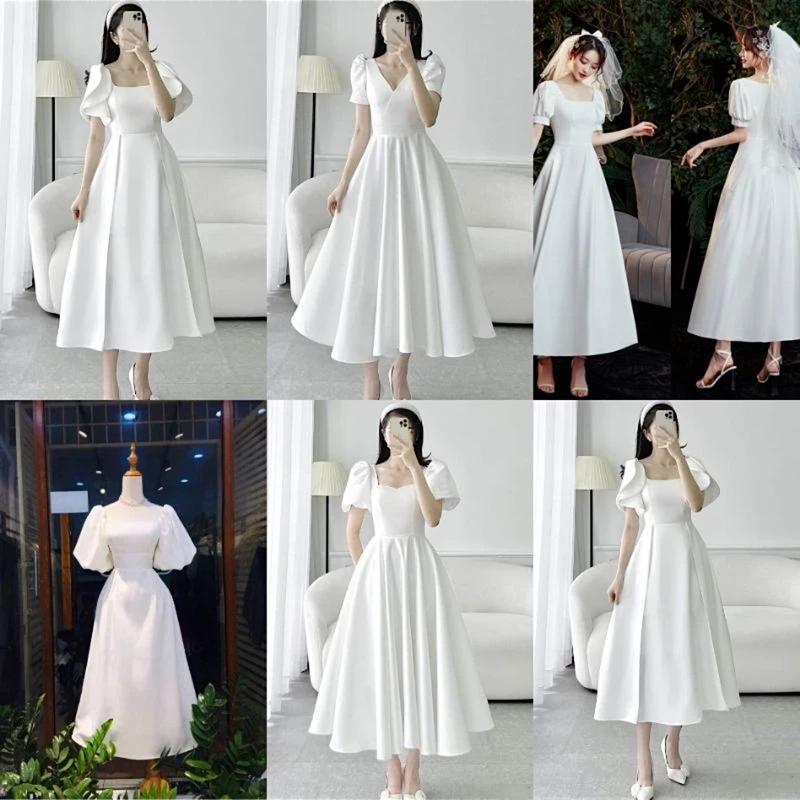 váy trắng dự tiệc thời trang ngắn tay. váy phù dâu, đi bàn đơn giản sang trọng