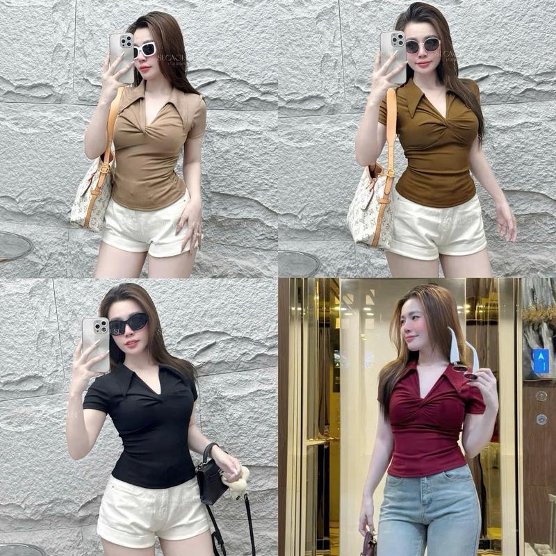 Áo thun ôm body cổ bẻ  thiết kế xoắn v1 tôn dáng vải cooton zip Qc mềm mát có độ co dãn dễ chịu