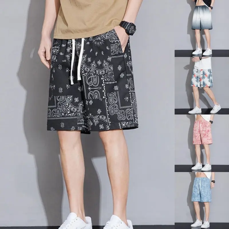 Plus Size M-8XL Men Sweatshorts Cotton Print Shorts Elastic Waist Knee Length Summer Casual Loose Street Beach Outfit Black White Grey Pink Blue