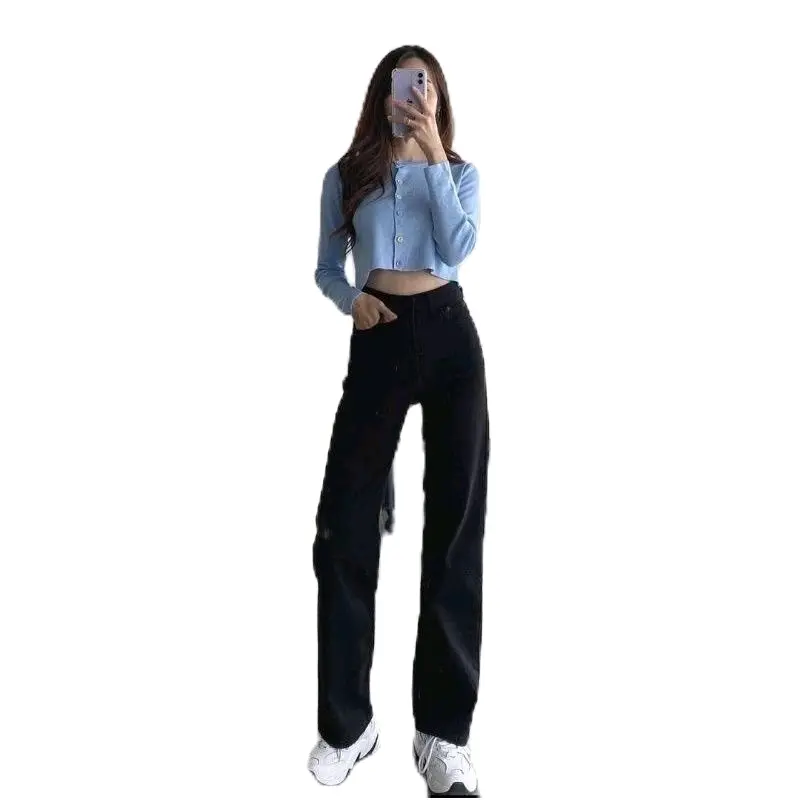 celana jeans loose wanita hitam polos Hitam Polos Nyaman