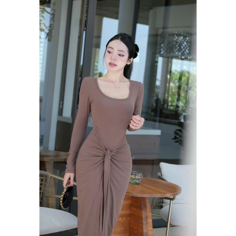 ĐẦM TAY DÀI CỔ U, XOẮN GIỮA (40kg-55kg), chất thun tăm lạnh Nữ Women [GL70019] Dress Voi 1