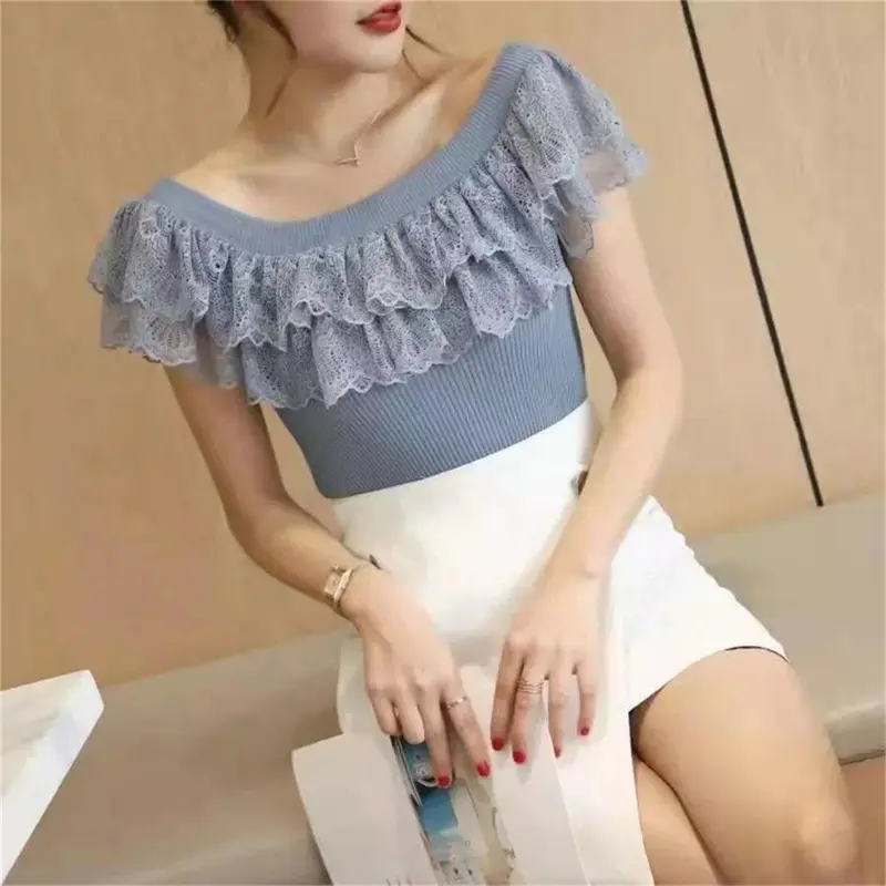 Áo Thun Mùa hè, vải gạc Chắp Vá, ngắn Tay, thiết kế lệch vai, phong cách Gợi Cảm và Thường Ngày Nữ Top 5
