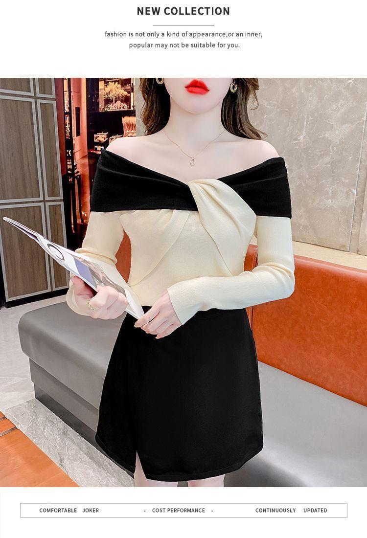 Product Introduction of Áo Lớp Nền Dệt Kim, Dành Cho Nữ, Thiết Kế Thắt Nơ Và Khối Màu, Hàng Mới Về Mùa Thu Và Mùa Đông, Áo Độc Đáo Áo Len Trễ Vai Màu Tương Phản Siêu Đẹp 19
