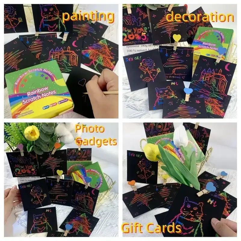 Scratch Note with Box & Pen, 100pcs/set Scratch Art Paper with 2 Counts Bamboo Pen, DIY Art Drawing Supplies for Students, Birthday Gift 3