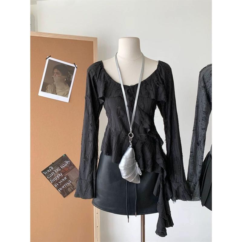 Product Introduction of Áo Đuôi Cá, Mỏng Và Dài Tay, Thiết Kế Bất Đối Xứng Phong Cách Cô Gái Nóng Bỏng, Dành Cho Nữ, Cổ Chữ V, Thích Hợp Cho Mùa Thu Và Mùa Xuân, Áo Gợi Cảm, Chất Liệu Đất Thải, Phổ Biến Năm 2024 3