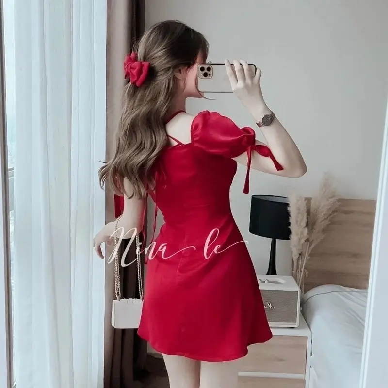 Đầm nữ ôm body tay buộc nơ trễ vai có mút ngực dáng xinh Thời Trang B.Y Tea Clothing Kem Women 3