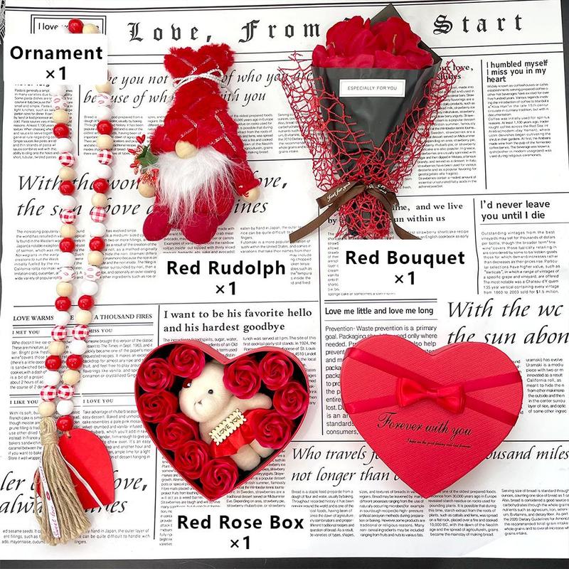 Product Introduction of Valentine's Day Gift Box, 1 Set Including Wooden Bead Necklace, Gnome Doll, Rose Bouquet & Bear Gift Box, Gifts for Women, Mother's Day Gift 6