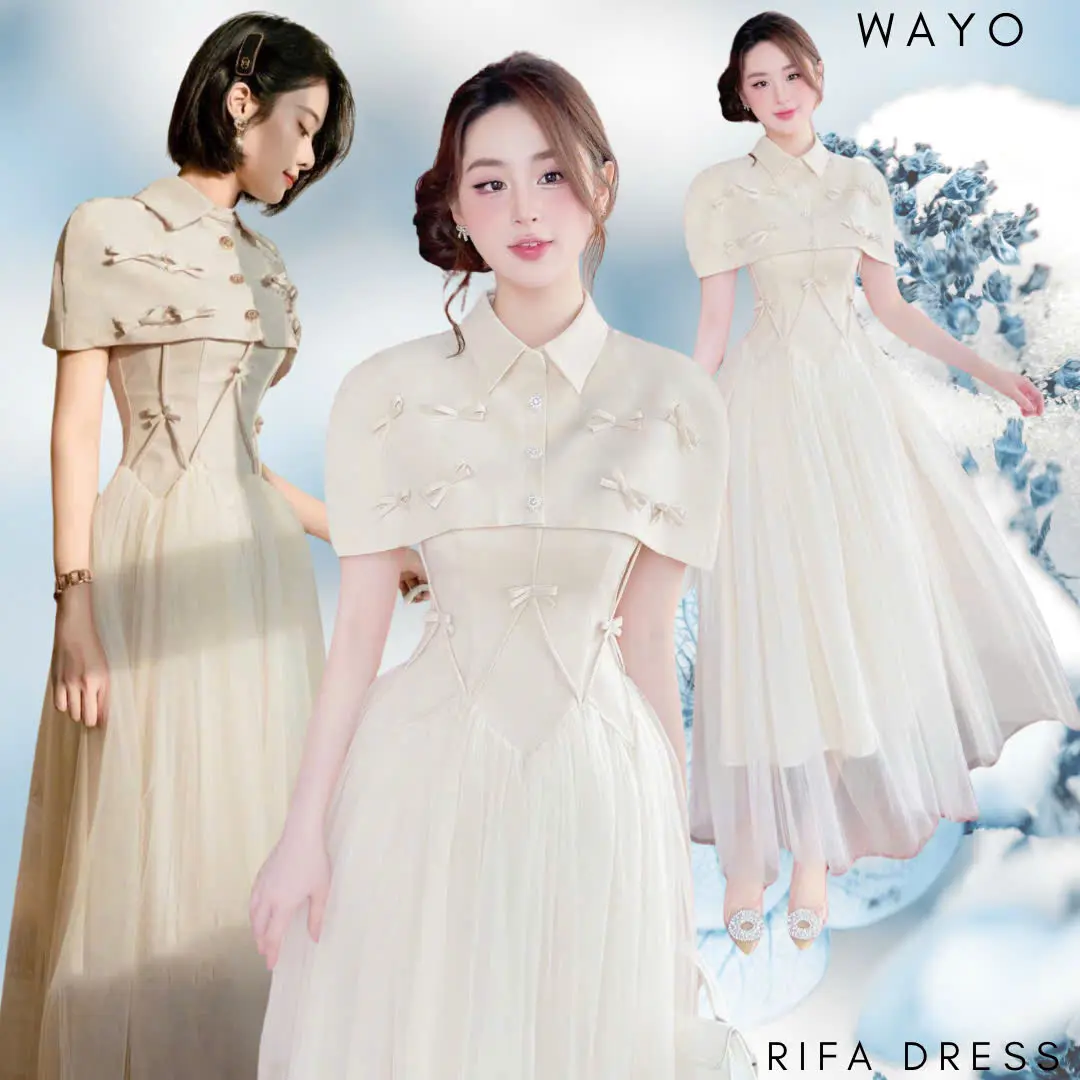 [Rifa Dress] Đầm WAYO thiết kế váy 2 dây kèm áo choàng ngoài phối voan lưới đính nơ sang trọng