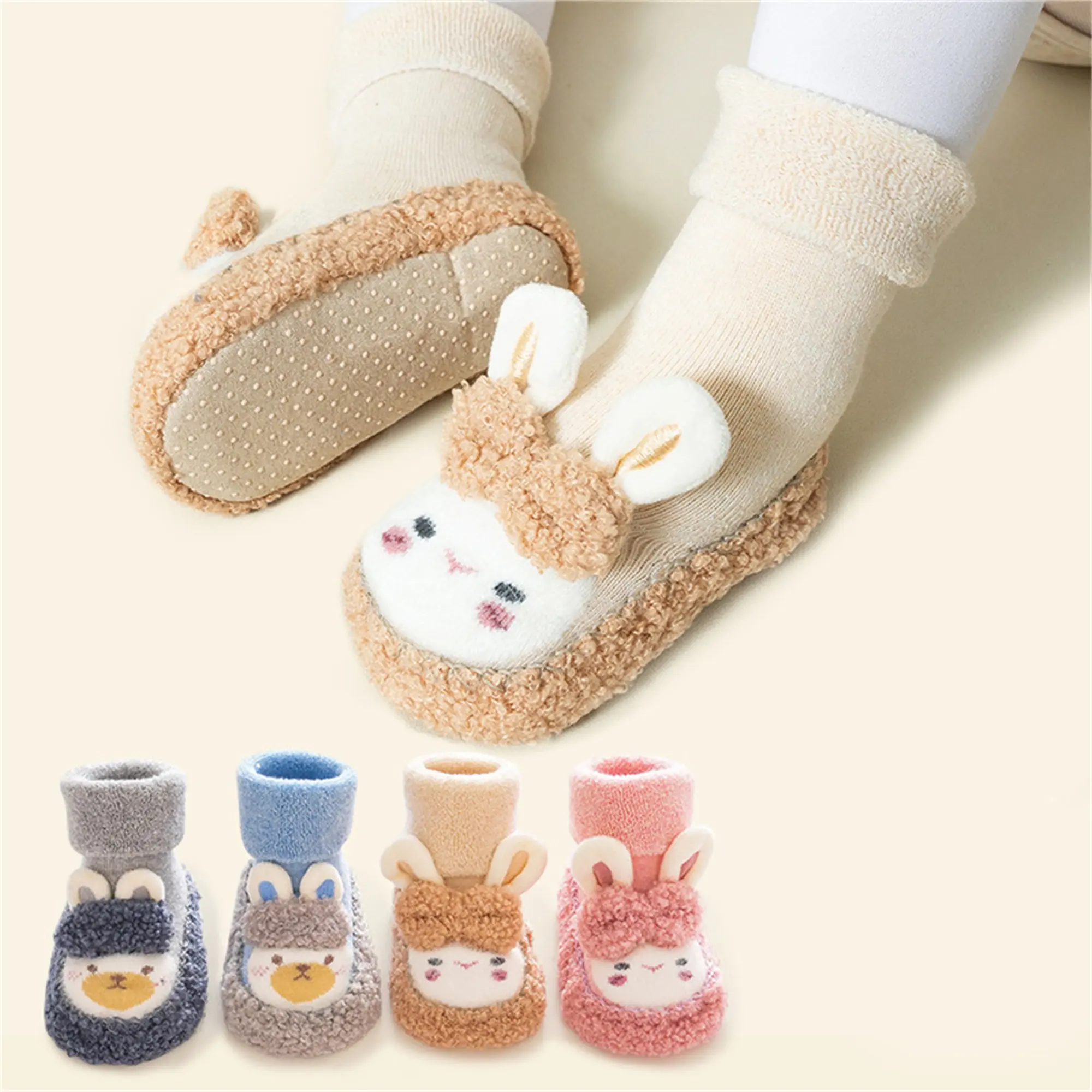 Giày tất, cho Em Bé trai và Bé gái, lót lông cừu, thiết kế thỏ, đế mềm chống trượt, giày đi bộ, dễ thương và ấm áp, thích hợp cho mùa đông và mùa thu