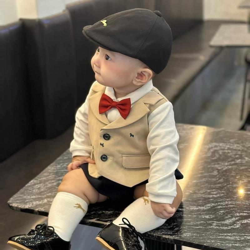    Mon Kids Baby   Set công tử kèm mũ cho bé trai 3-12kg chất cotton mềm mặc đầy tháng- thôi nôi - chụp ảnh - đi chơi - đi tết Kem Voi khủng long nút 