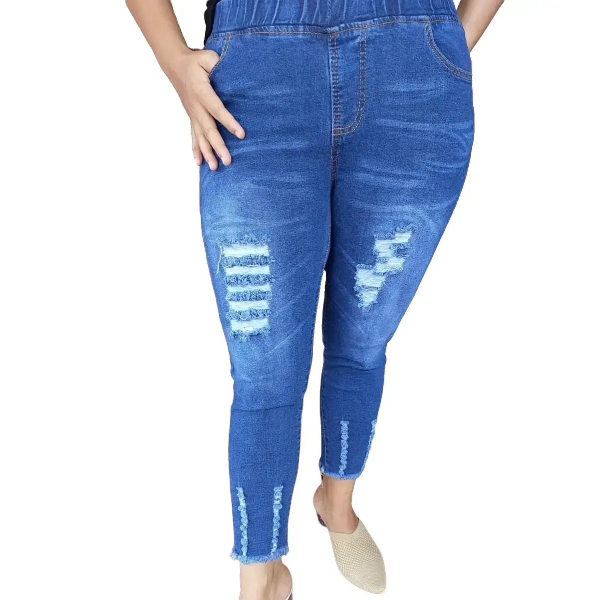 (SUPER JUMBO) MANISA 7/9 JEANS PINGGANG KARET SOBEK LAPIS MAX BB 125KG Celana Denim Jeans Nyaman Panjang Biru Navy Legging Hitam Tebal