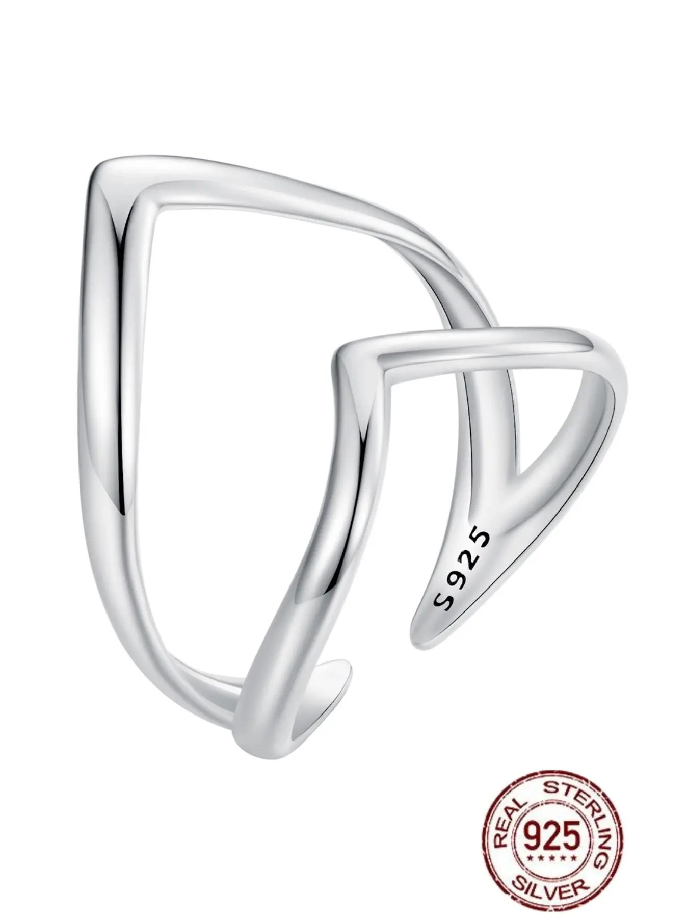 S925 Sterling Silver Double-layer Heart Design Cuff Ring, Simple Adjustable Open Ring, Fashion Jewelry Accessories for Women & Men