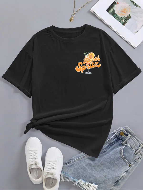Women's Letter Graphic Round Neck Tee, Lady Comfort Graphic Tees Top, Casual Drinks Graphic Drop Shoulder Half Sleeve T-shirt for Summer, Vintage Graphic Tees, Ladies Clothes for Daily Wear, Womenswear 8