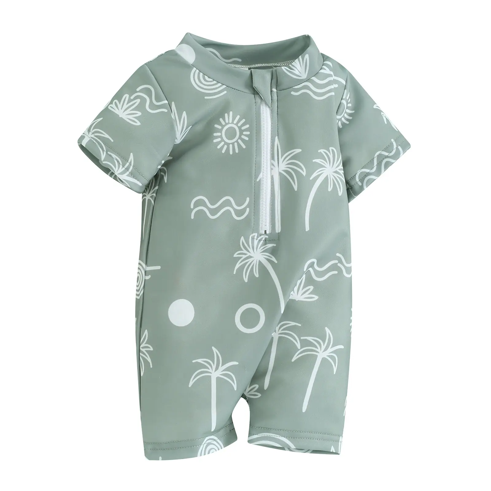 Toddler Boys Rash Guard Swimsuit Rompers Zipper Short Sleeve Tree Print Kids Bathing Suit Baby Swimwear