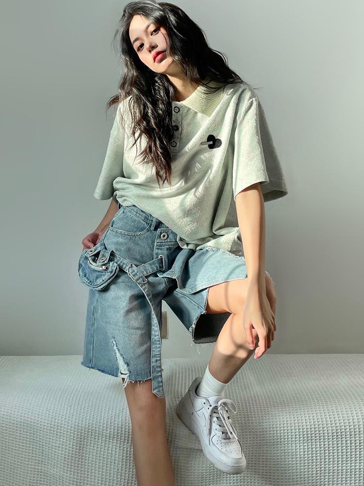 Product Introduction of Quần Soóc Denim Rách, Thiết Kế Bất Đối Xứng Phong Cách Đường Phố Cao Cấp Mỹ, Quần Nữ Mùa Hè, Thiết Kế Đẹp, Quần Dài Đến Đầu Gối Độc Đáo, Thời Trang, Niche 3
