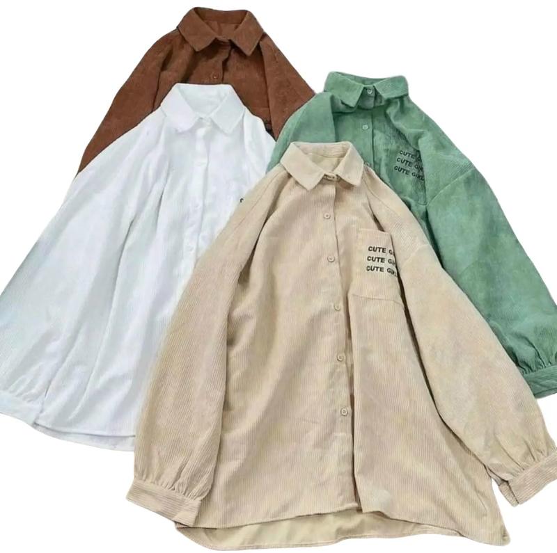 Áo Khoác Sơ Mi Nhung Gân Kaki Túi Chữ Rộng Unisex Kiểu Hàn Quốc -  Kiểu Áo Tay Dài - Nam Nữ  Menswear Top Trắng Jacket  Chống Nắng Thu Đông Kem