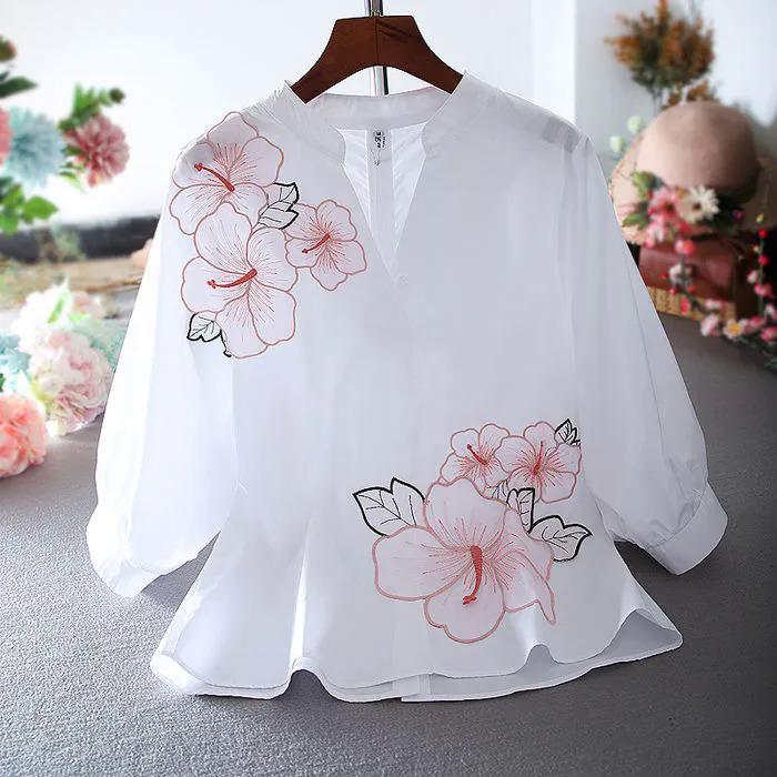 Product Introduction of Áo Cánh Nữ, Màu Trắng, Thời Trang, Thêu Hoa, Chất Liệu Voan, Thích Hợp Đi Làm, Áo Cổ Chữ V, Phong Cách Thường Ngày Tay Búp Bê Mùa Hè, Phong Cách Mới Nhất, 2022 5