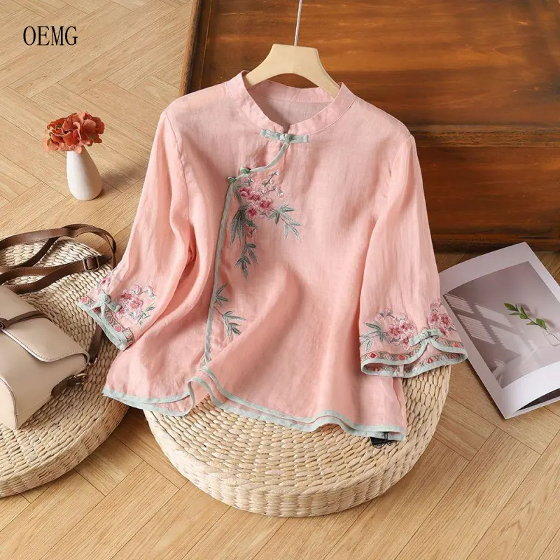 Oemg2024 Chinese Summer Chinese Shirt Retro National Style New Embroidered Stand Collar Diagonal Button Artistic Top Women