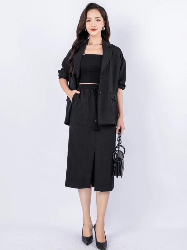  BJD13053 - Chân váy công sở vải thô đũi dáng suông có lót vải habutai cạp chun phối dây rút tua rua trang trí xẻ thân trước tạo kiểu - PANTIO 